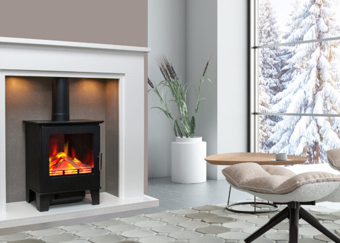 Winter Concept with Armchair and Fireplace. 3d render