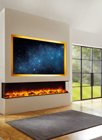 iRange i2200e Deep Media Wall with Orange Flame with LED's with Woodland Logs TV background Three Sided