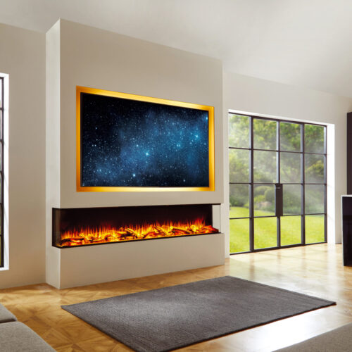 iRange i2200e Deep Media Wall with Orange Flame with LED's with Woodland Logs TV background Three Sided